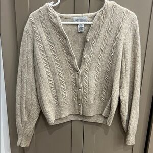 Beige Cable Knit Cardigan Sweater with details of pearls